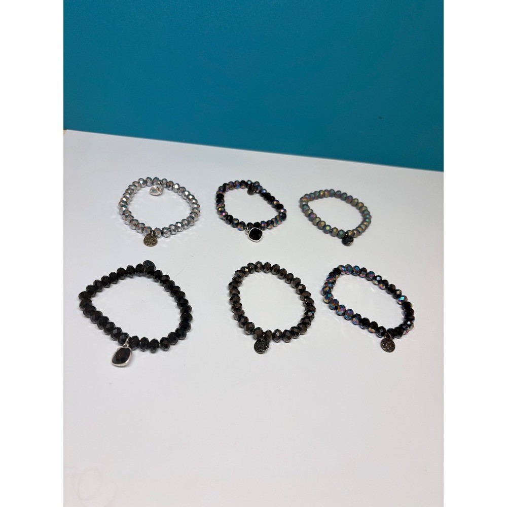 Set‎ of 6 Faceted Glass Beaded Stretch Bracelets Black Silver Iridescent